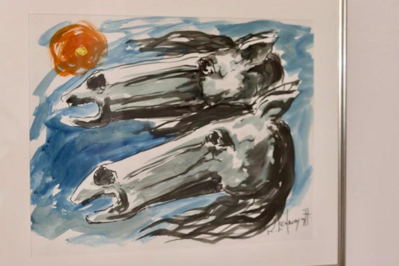 Original 1970's European Vintage Watercolour On Paper Painting "Horses" by Robert Lendvay --Vintage & Framed-Glazed