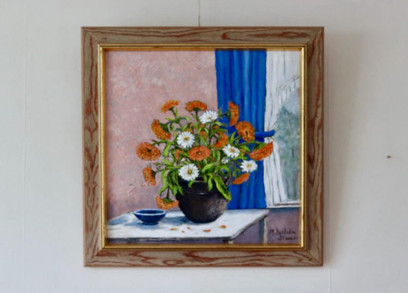 Mid-20th Century Original Swedish Oil on Canvas – Flower Motif – M BOSTRÖM STARE – Vintage & Framed, 42 x 42 cm / 16.5 x 16.5 in