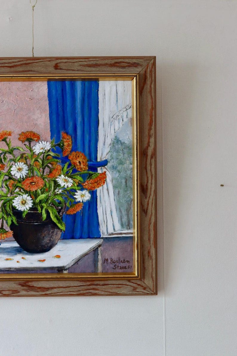 Mid-20th Century Original Swedish Oil on Canvas – Flower Motif – M BOSTRÖM STARE – Vintage & Framed, 42 x 42 cm / 16.5 x 16.5 in