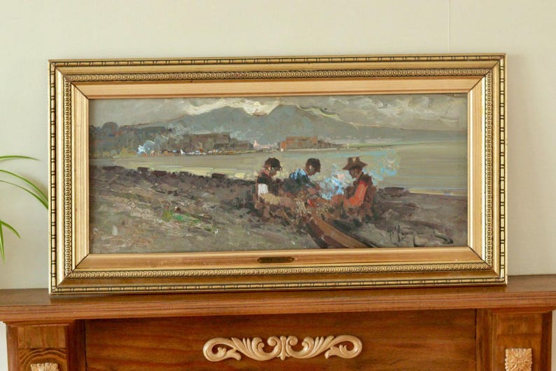 Mid-Century Italian Oil Painting "Figures by the Sea" by Antonio Pecoraro- Vintage, Framed | 70 x 36 cm / 27.6 x 14.2 in
