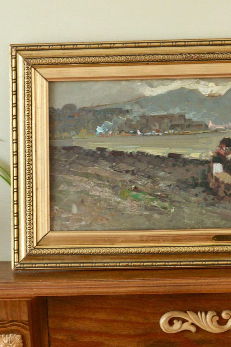 Mid-Century Italian Oil Painting "Figures by the Sea" by Antonio Pecoraro- Vintage, Framed | 70 x 36 cm / 27.6 x 14.2 in