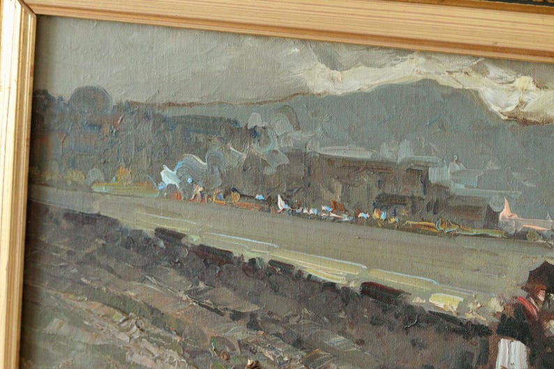 Mid-Century Italian Oil Painting "Figures by the Sea" by Antonio Pecoraro- Vintage, Framed | 70 x 36 cm / 27.6 x 14.2 in