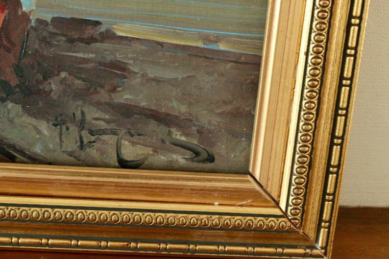 Mid-Century Italian Oil Painting "Figures by the Sea" by Antonio Pecoraro- Vintage, Framed | 70 x 36 cm / 27.6 x 14.2 in