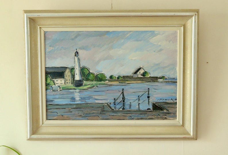 Mid-Century Original Swedish Oil on Canvas "Lighthouse at the Water's Edge" – IVAR FRANKE – Vintage & Framed, 53 x 69 cm / 20.9 x 27.2 in
