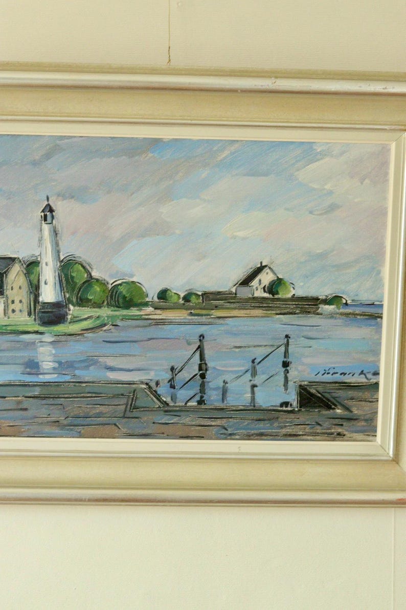 Mid-Century Original Swedish Oil on Canvas "Lighthouse at the Water's Edge" – IVAR FRANKE – Vintage & Framed, 53 x 69 cm / 20.9 x 27.2 in