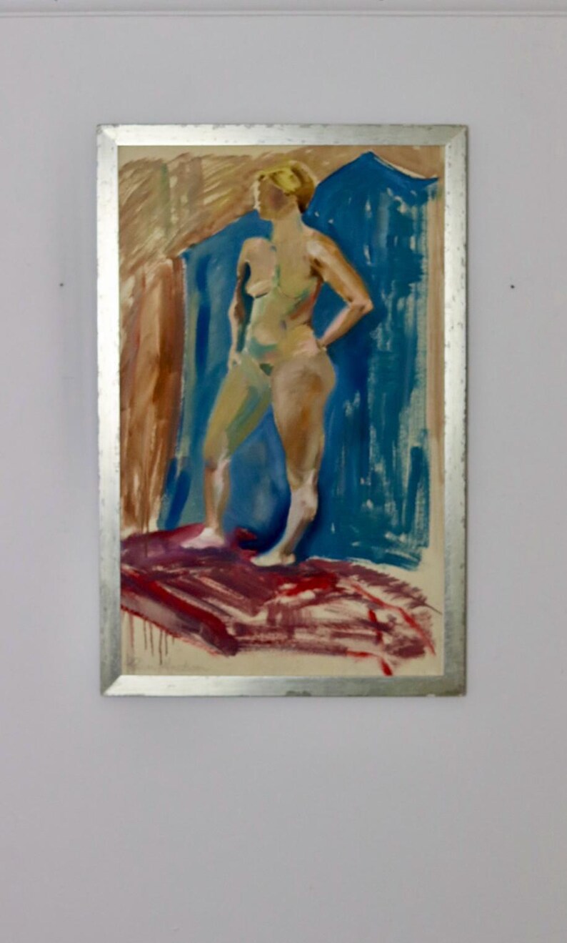Mid-Century Original Swedish Oil on Paper "Standing Female Nude" by Hakan Alfredson - Vintage & Framed