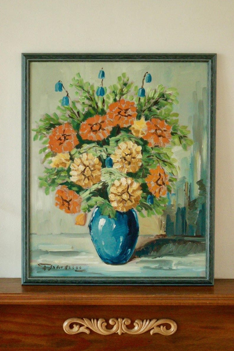 Original Vintage Oil on Panel Painting "Flowers in Vase" | Vintage & Framed – 49 × 41 cm | 19.3 × 16.1 in