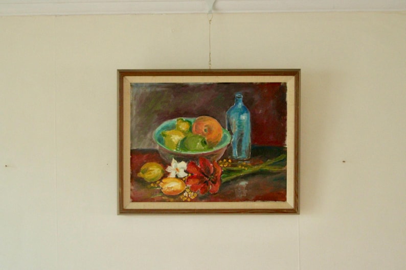 Original Swedish Mid Century Oil on Canvas "Still Life, Bottle and Fruit" by Denoran - -Vintage & Framed