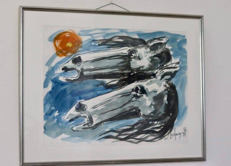Original 1970's European Vintage Watercolour On Paper Painting "Horses" by Robert Lendvay --Vintage & Framed-Glazed