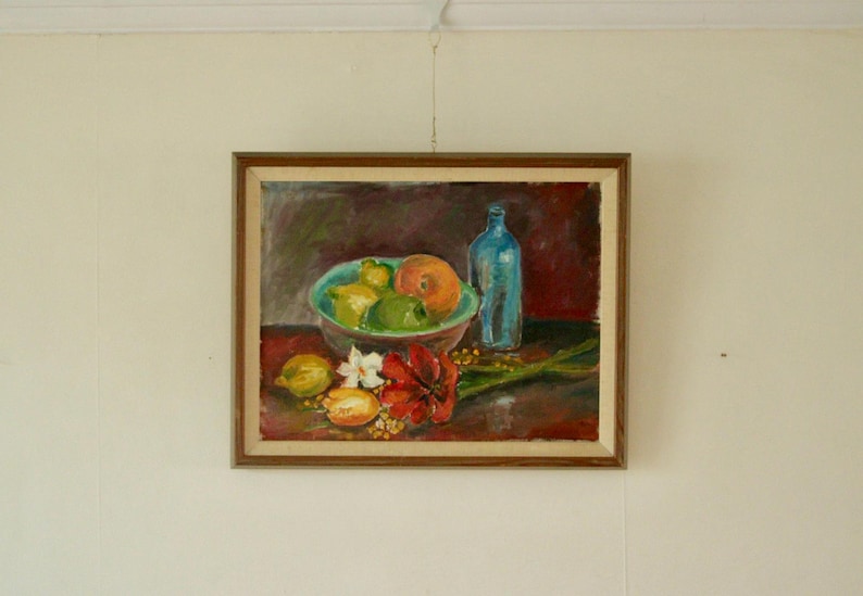 Original Swedish Mid Century Oil on Canvas "Still Life, Bottle and Fruit" by Denoran - -Vintage & Framed