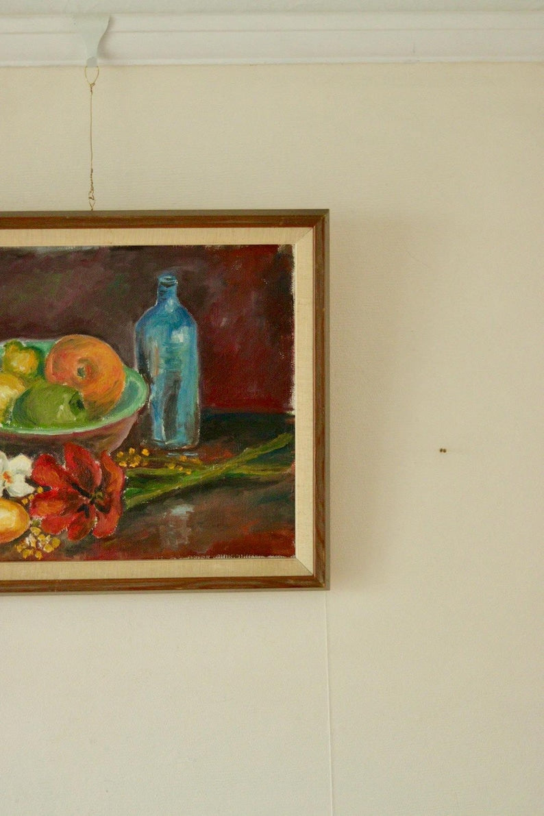 Original Swedish Mid Century Oil on Canvas "Still Life, Bottle and Fruit" by Denoran - -Vintage & Framed