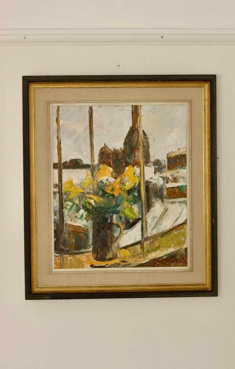 Original Swedish Mid Century Oil on Panel "Yellow Flowers by a Window" by T. Stenbäck- -Vintage & Framed