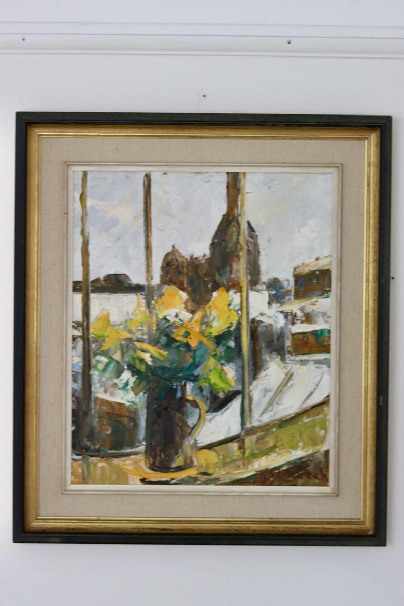 Original Swedish Mid Century Oil on Panel "Yellow Flowers by a Window" by T. Stenbäck- -Vintage & Framed