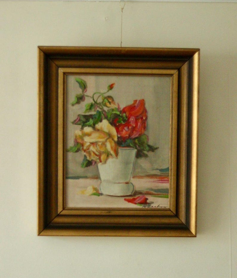 Original Swedish Oil on Panel – “Still Life: Vase of Roses” – Signed & Framed, 40.5 x 34.5 cm (15.9 x 13.6 in)