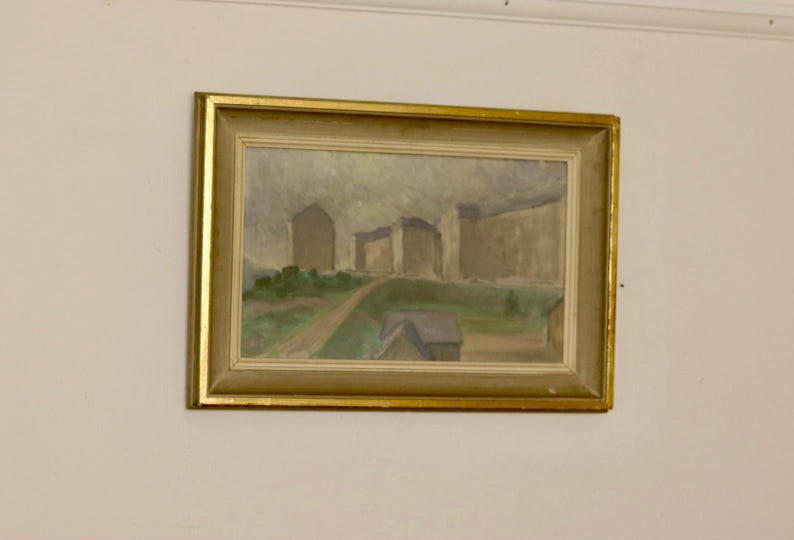 Swedish Original Oil On Canvas Painting "MUTED HOUSES" --Vintage & Framed