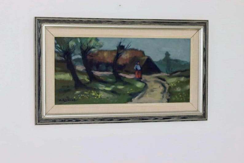 Swedish Mid-Century Oil On Canvas Painting "Woman and House" by Kurt Rosander--Vintage & Framed