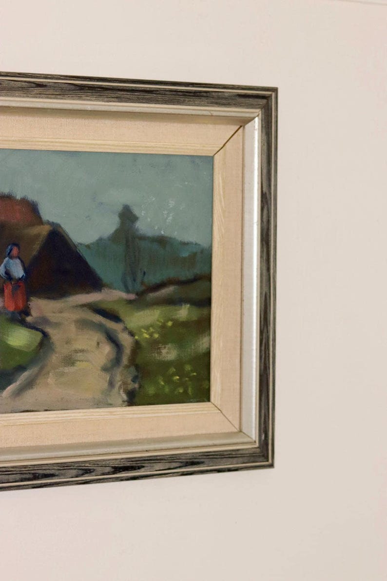 Swedish Mid-Century Oil On Canvas Painting "Woman and House" by Kurt Rosander--Vintage & Framed