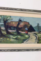 Swedish Mid-Century Oil On Canvas Painting "Woman and House" by Kurt Rosander--Vintage & Framed