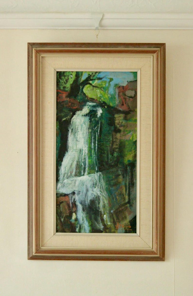 Original Swedish Oil on Panel Painting "Waterfall" by John Börén | Vintage & Framed – 58 × 37 cm | 22.8 × 14.6 in