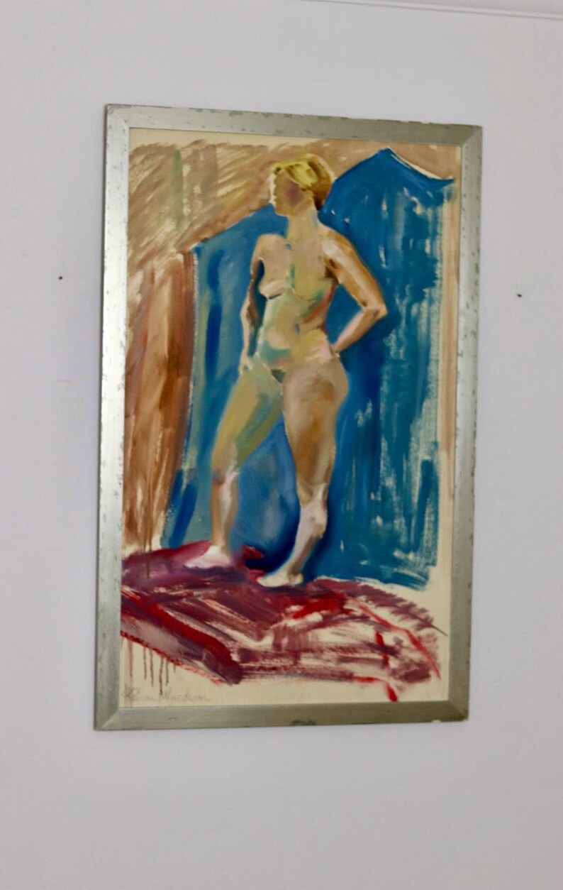 Mid-Century Original Swedish Oil on Paper "Standing Female Nude" by Hakan Alfredson - Vintage & Framed