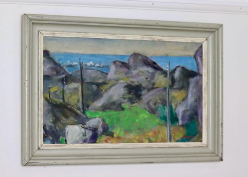 Scandinavian Mid-Century Oil On Canvas Painting" Coastal Landscape " by Selim Soldan --Vintage & Framed