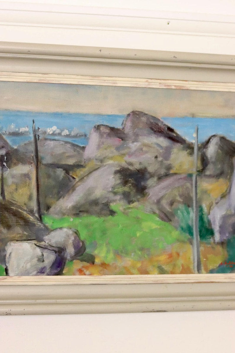 Scandinavian Mid-Century Oil On Canvas Painting" Coastal Landscape " by Selim Soldan --Vintage & Framed