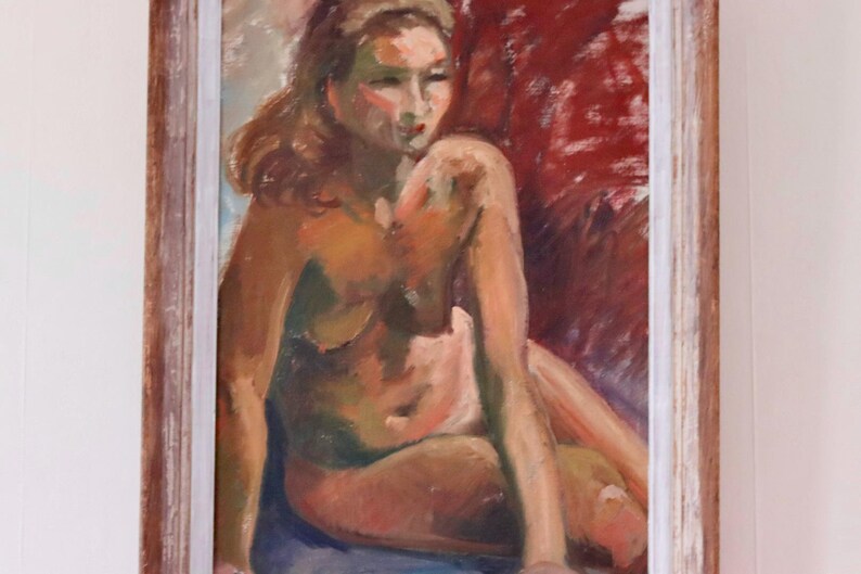 Mid-20th Century Original Oil on Canvas – Nude Woman – Vintage & Framed, 41 x 60 cm / 16.1 x 23.6 in