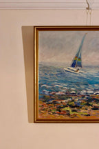 Mid century Original Swedish Oil on Canvas – Catamaran at Torre Ouva – GUNNAR INGEMAR ERIXON – Vintage & Framed, 41 x 48 cm / 16.1 x 18.9 in