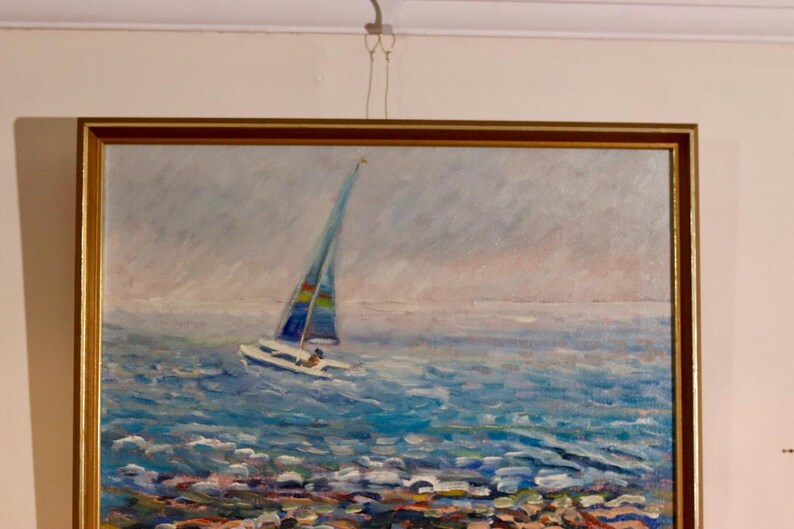Mid century Original Swedish Oil on Canvas – Catamaran at Torre Ouva – GUNNAR INGEMAR ERIXON – Vintage & Framed, 41 x 48 cm / 16.1 x 18.9 in