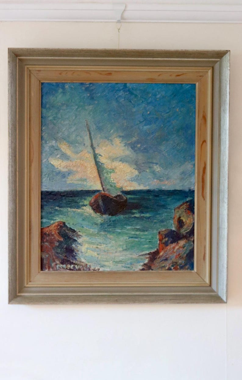 Mid-20th Century Original Oil on Panel – Ship at Sea – Vintage & Framed, 52 x 60 cm / 20.5 x 23.6 in