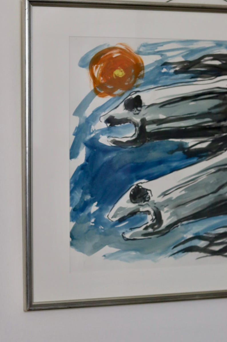 Original 1970's European Vintage Watercolour On Paper Painting "Horses" by Robert Lendvay --Vintage & Framed-Glazed