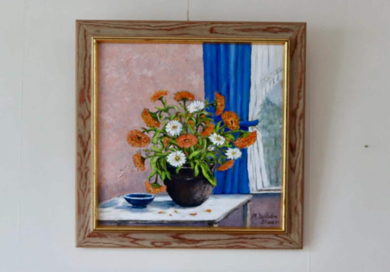 Mid-20th Century Original Swedish Oil on Canvas – Flower Motif – M BOSTRÖM STARE – Vintage & Framed, 42 x 42 cm / 16.5 x 16.5 in