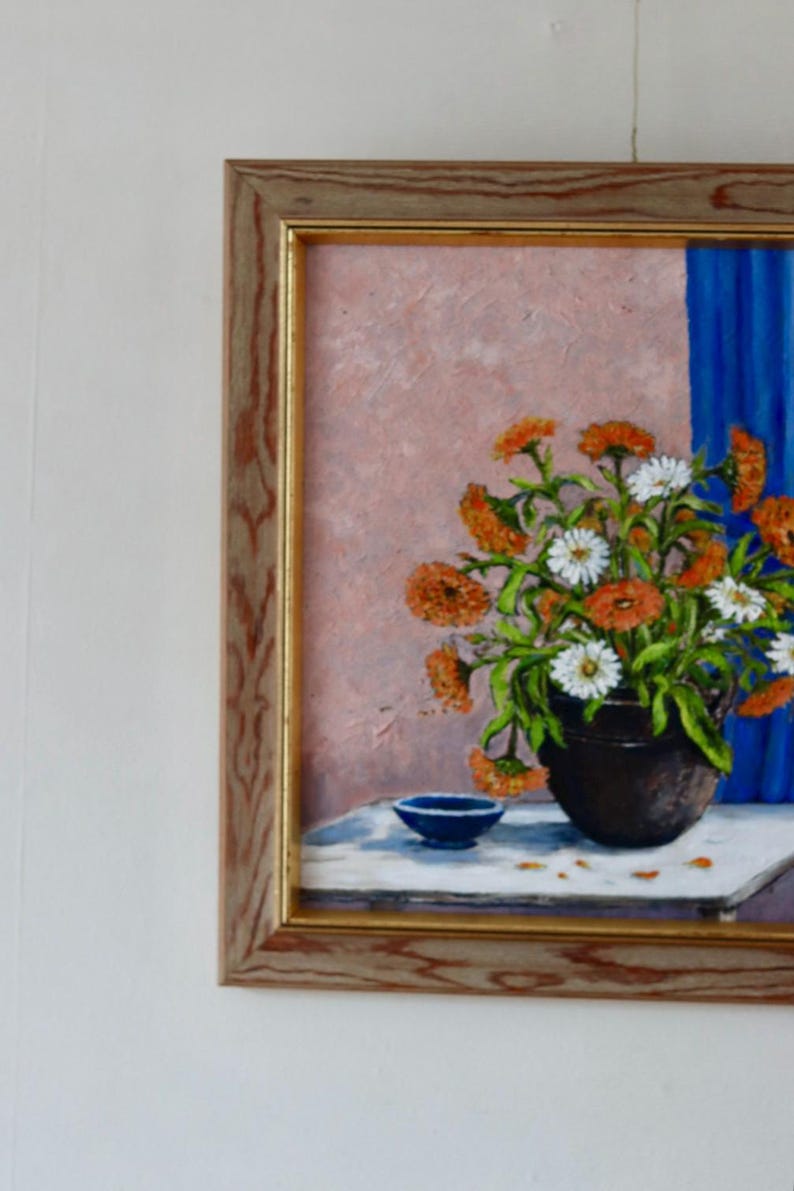 Mid-20th Century Original Swedish Oil on Canvas – Flower Motif – M BOSTRÖM STARE – Vintage & Framed, 42 x 42 cm / 16.5 x 16.5 in