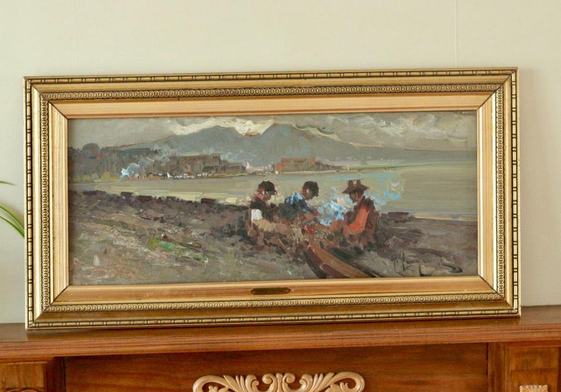 Mid-Century Italian Oil Painting "Figures by the Sea" by Antonio Pecoraro- Vintage, Framed | 70 x 36 cm / 27.6 x 14.2 in