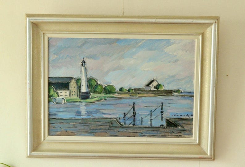 Mid-Century Original Swedish Oil on Canvas "Lighthouse at the Water's Edge" – IVAR FRANKE – Vintage & Framed, 53 x 69 cm / 20.9 x 27.2 in