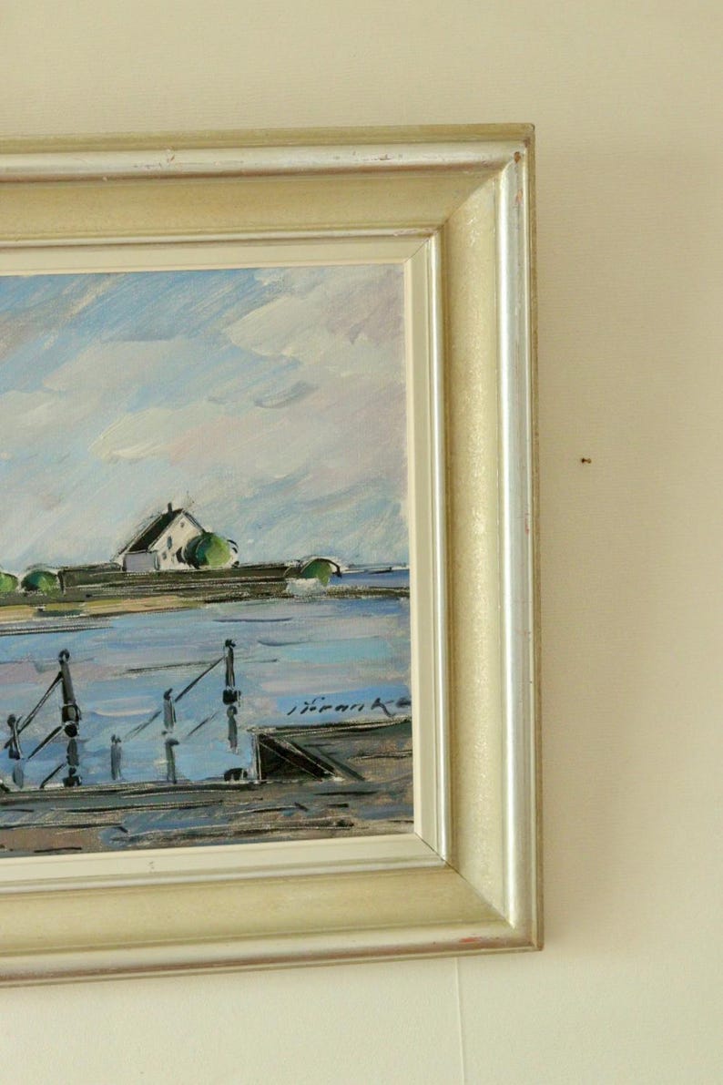 Mid-Century Original Swedish Oil on Canvas "Lighthouse at the Water's Edge" – IVAR FRANKE – Vintage & Framed, 53 x 69 cm / 20.9 x 27.2 in