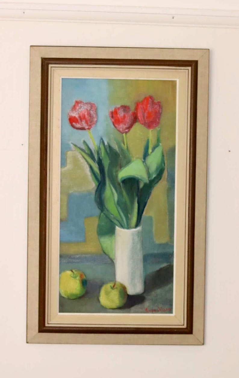 1970's Original Large Swedish Mid-Century Oil On Board Painting" Still life Tulips " by Hugo Olsson --Vintage & Framed